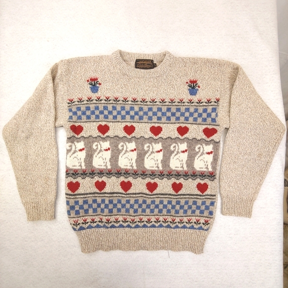 Eddie Bauer Cats Wool Sweater Vintage 80's Sz Medium Beige Cats Hearts Flowers - Picture 1 of 9